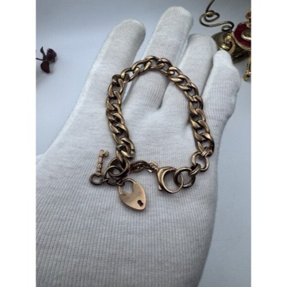 Fossil Link Bracelet Rose Gold Tone, Rhinestone Heart Lock Charm Whit Key- Cute - Picture 10 of 13